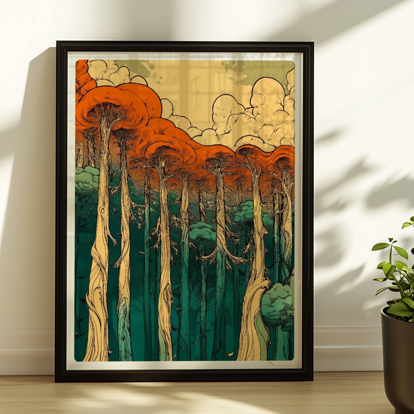 Farbenfroher Sonnenuntergang hinter einem Waldsee mit Spiegelungen der Baumkronen.. Rahmen schwarz 30x40