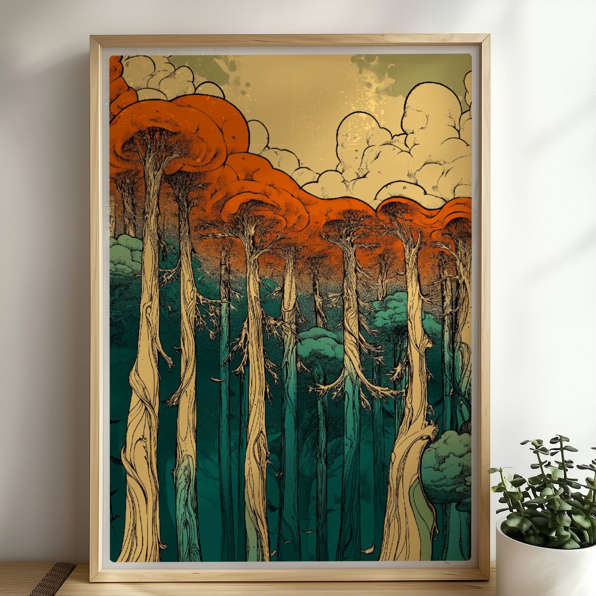 Farbenfroher Sonnenuntergang hinter einem Waldsee mit Spiegelungen der Baumkronen.. Rahmen natur 50x70