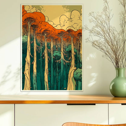 Farbenfroher Sonnenuntergang hinter einem Waldsee mit Spiegelungen der Baumkronen.. Ohne Rahmen 50x70