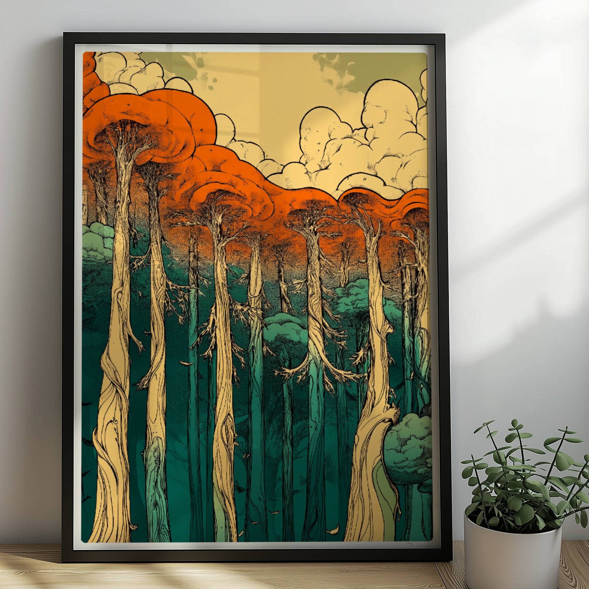 Farbenfroher Sonnenuntergang hinter einem Waldsee mit Spiegelungen der Baumkronen.. Rahmen schwarz 50x70
