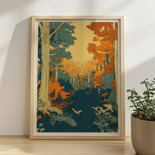 Zauberhafte Waldlichtung mit grünem Moos und Sonnenstrahlen zwischen den Baumstämmen.. Rahmen natur 30x40