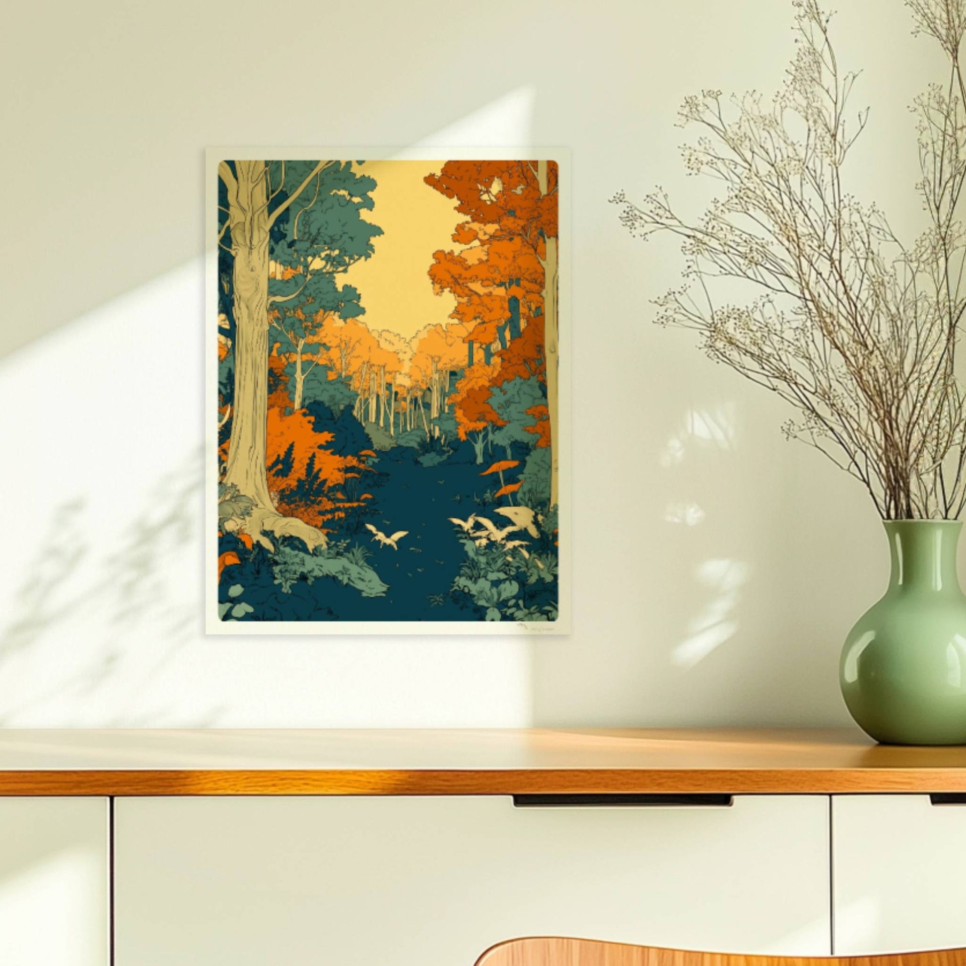 Zauberhafte Waldlichtung mit grünem Moos und Sonnenstrahlen zwischen den Baumstämmen.. Ohne Rahmen 30x40