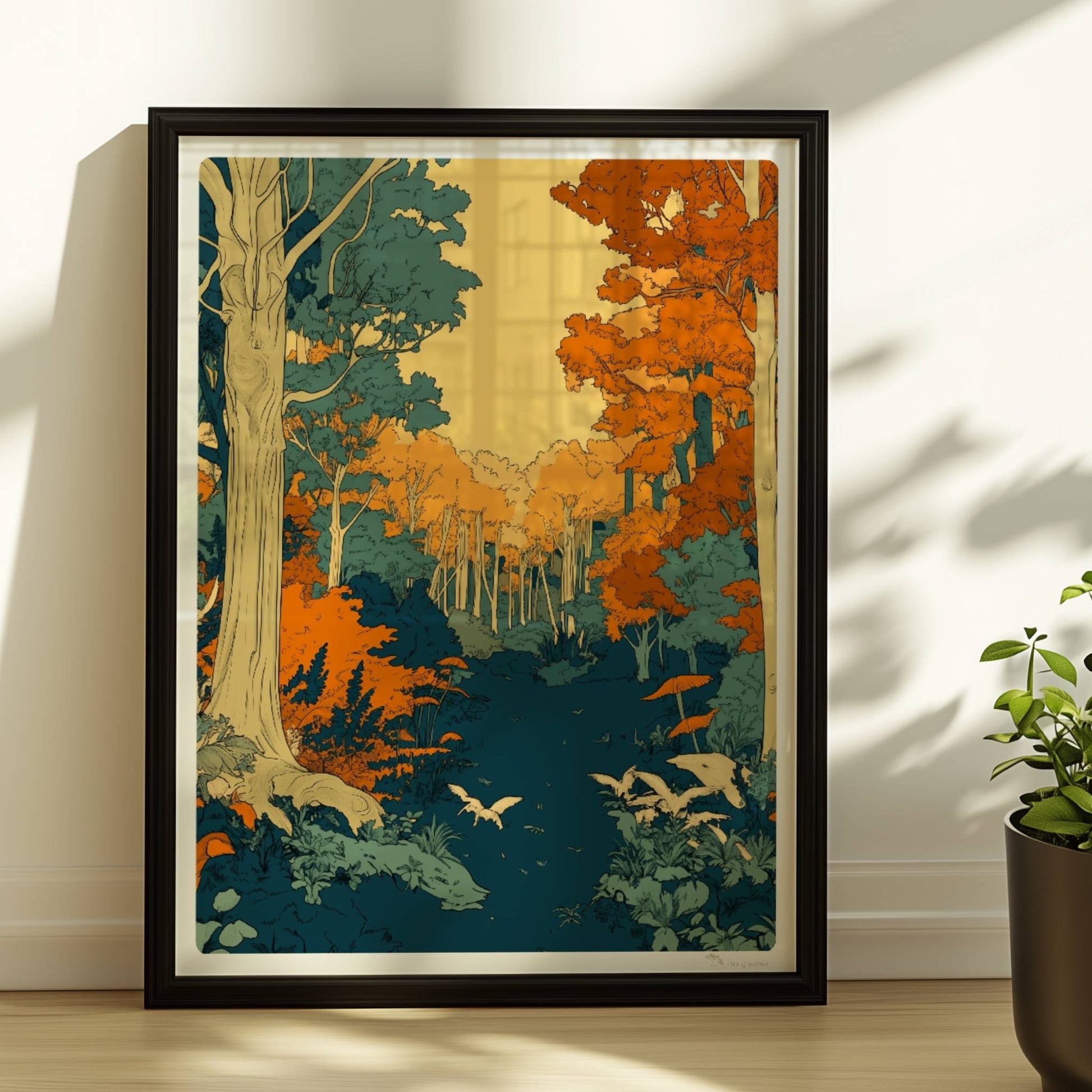 Zauberhafte Waldlichtung mit grünem Moos und Sonnenstrahlen zwischen den Baumstämmen.. Rahmen schwarz 30x40