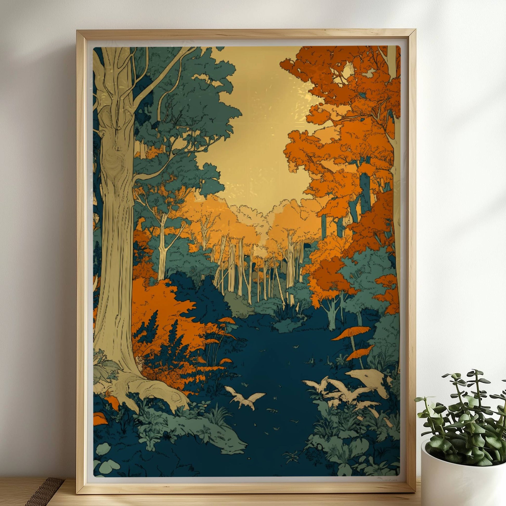 Zauberhafte Waldlichtung mit grünem Moos und Sonnenstrahlen zwischen den Baumstämmen.. Rahmen natur 50x70