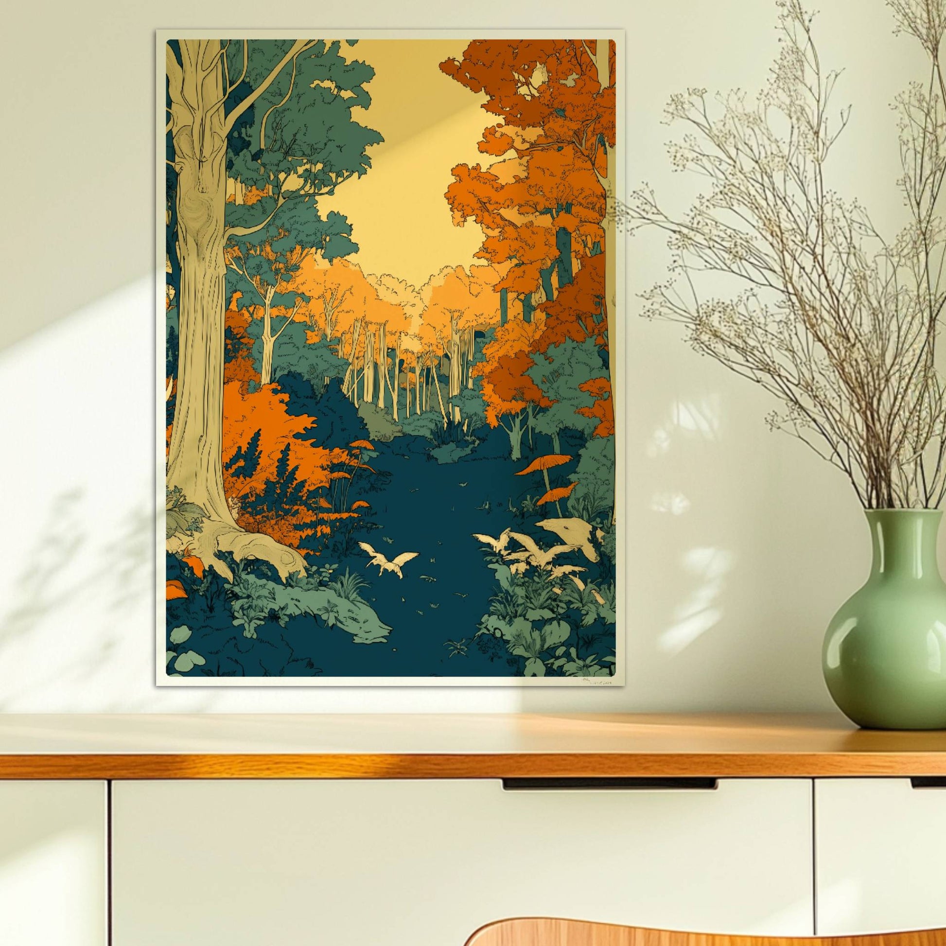 Zauberhafte Waldlichtung mit grünem Moos und Sonnenstrahlen zwischen den Baumstämmen.. Ohne Rahmen 50x70