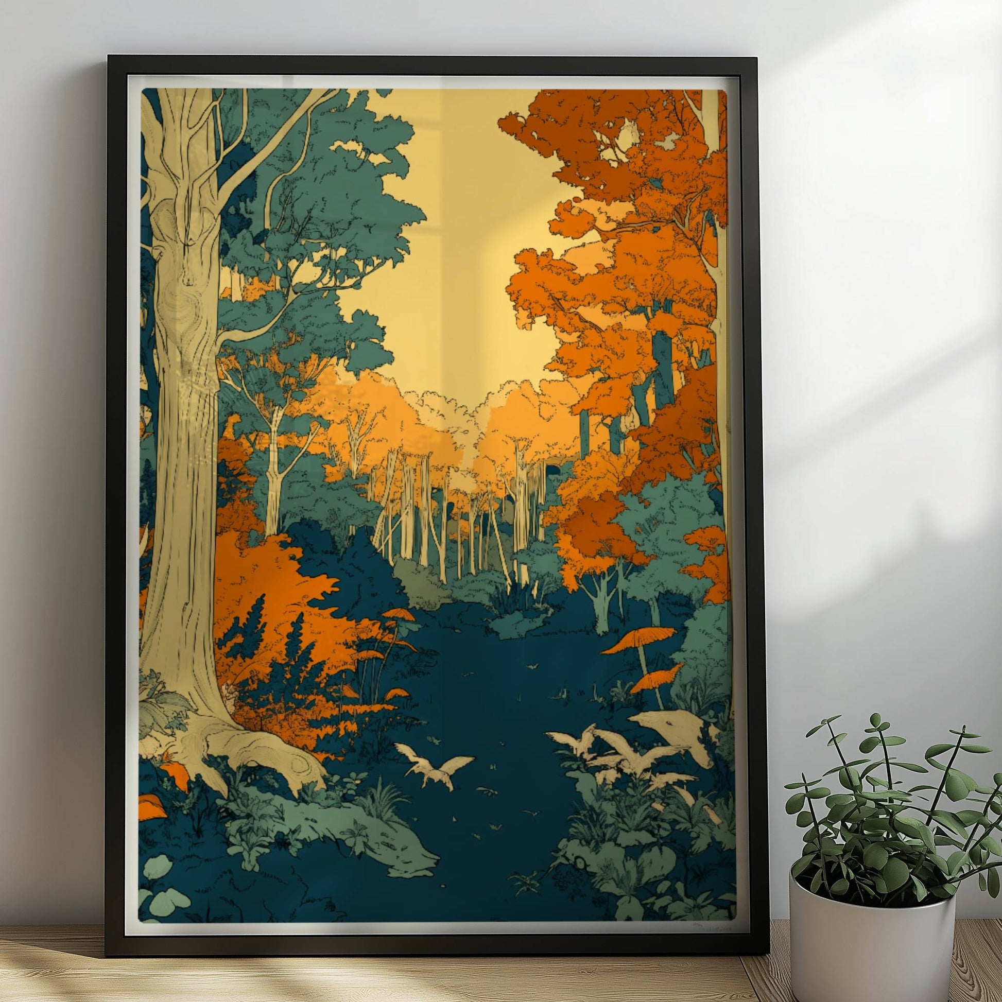 Zauberhafte Waldlichtung mit grünem Moos und Sonnenstrahlen zwischen den Baumstämmen.. Rahmen schwarz 50x70