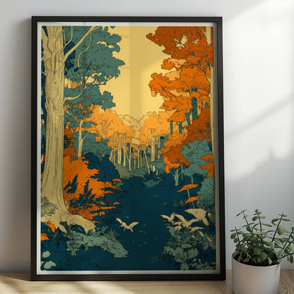Zauberhafte Waldlichtung mit grünem Moos und Sonnenstrahlen zwischen den Baumstämmen.. Rahmen schwarz 50x70