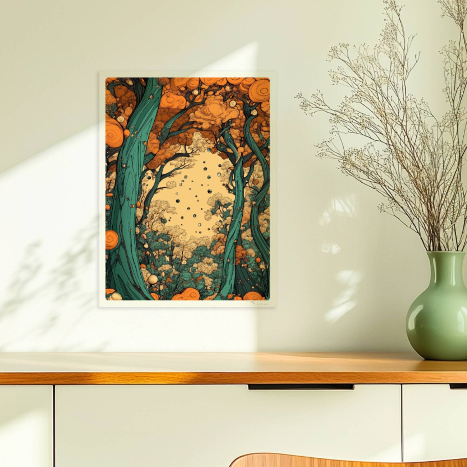 Mystische Waldszene bei Sonnenaufgang mit langen Schatten und warmen Lichtstrahlen.. Ohne Rahmen 30x40