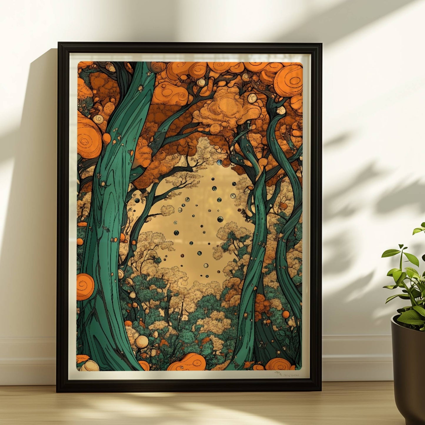 Mystische Waldszene bei Sonnenaufgang mit langen Schatten und warmen Lichtstrahlen.. Rahmen schwarz 30x40