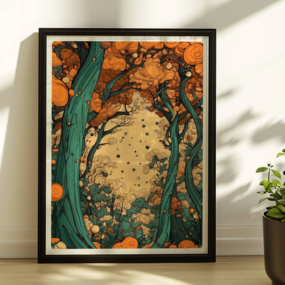 Mystische Waldszene bei Sonnenaufgang mit langen Schatten und warmen Lichtstrahlen.. Rahmen schwarz 30x40