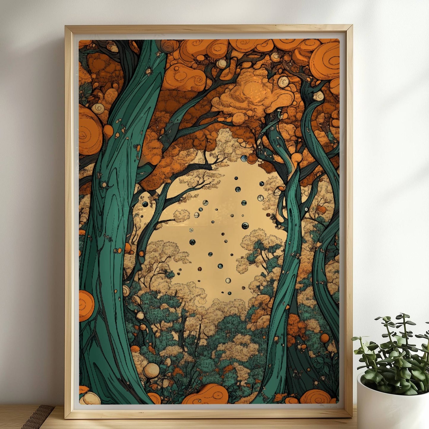 Mystische Waldszene bei Sonnenaufgang mit langen Schatten und warmen Lichtstrahlen.. Rahmen natur 50x70