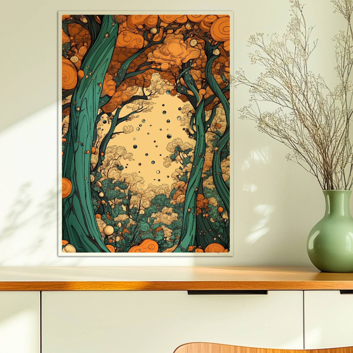 Mystische Waldszene bei Sonnenaufgang mit langen Schatten und warmen Lichtstrahlen.. Ohne Rahmen 50x70