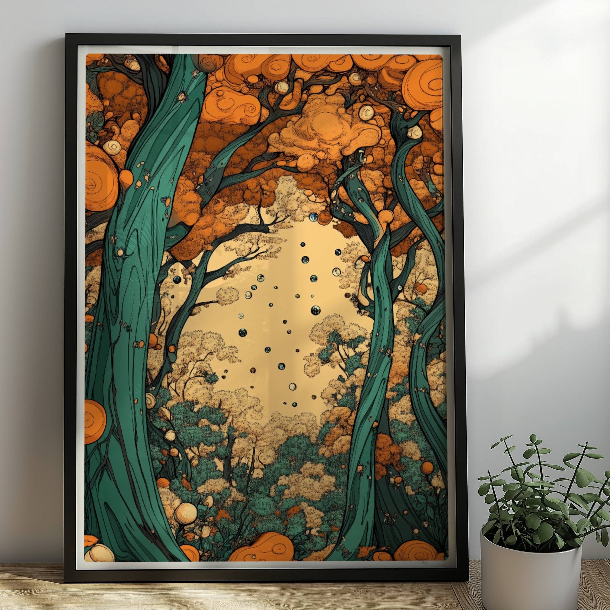 Mystische Waldszene bei Sonnenaufgang mit langen Schatten und warmen Lichtstrahlen.. Rahmen schwarz 50x70