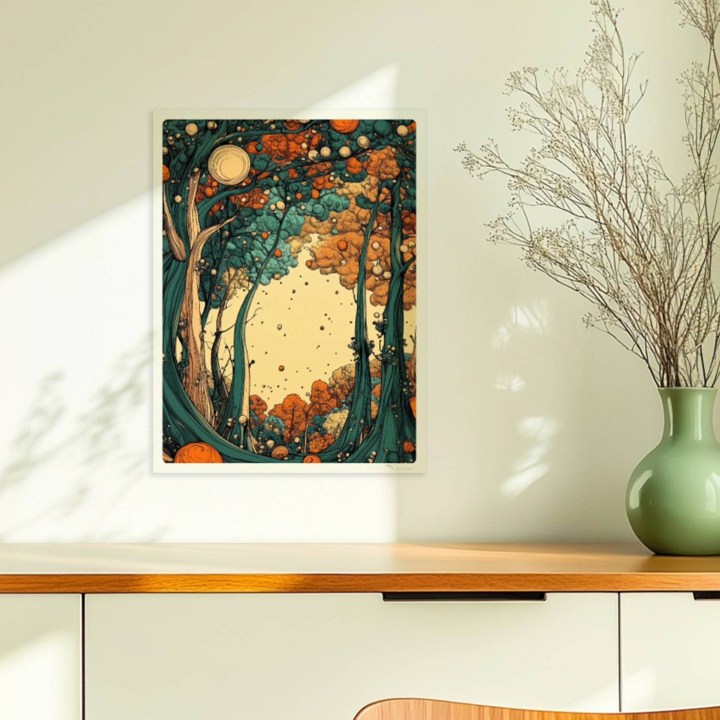 Leuchtender Herbstwald mit orangen und gelben Blättern entlang eines stillen Pfades.. Ohne Rahmen 30x40