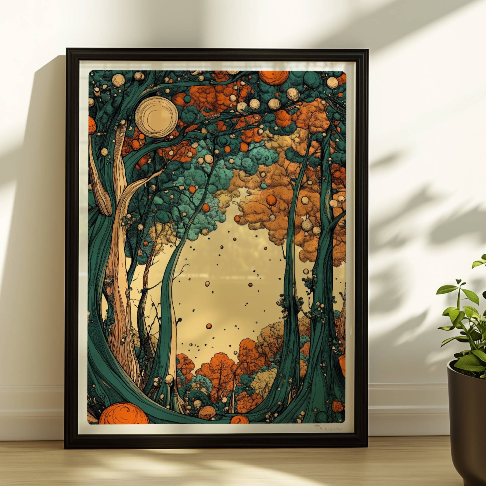 Leuchtender Herbstwald mit orangen und gelben Blättern entlang eines stillen Pfades.. Rahmen schwarz 30x40
