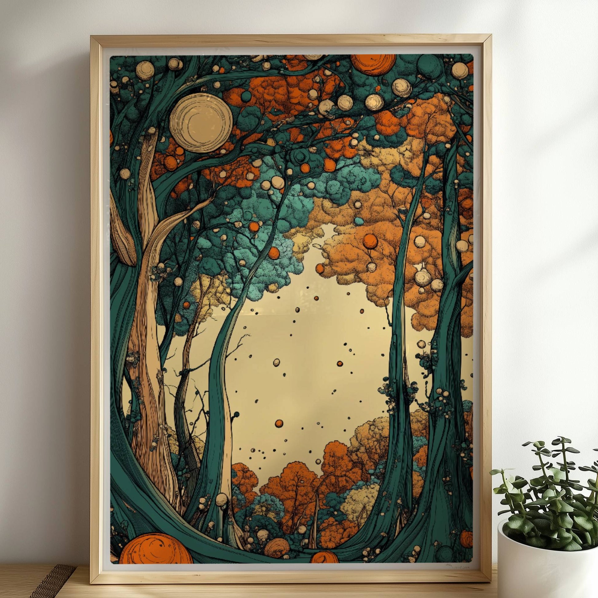 Leuchtender Herbstwald mit orangen und gelben Blättern entlang eines stillen Pfades.. Rahmen natur 50x70