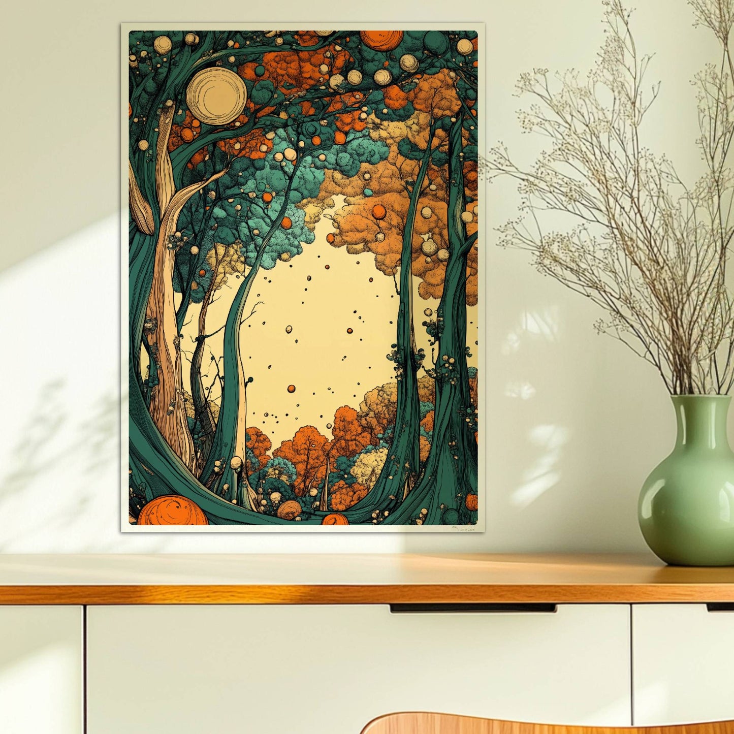 Leuchtender Herbstwald mit orangen und gelben Blättern entlang eines stillen Pfades.. Ohne Rahmen 50x70