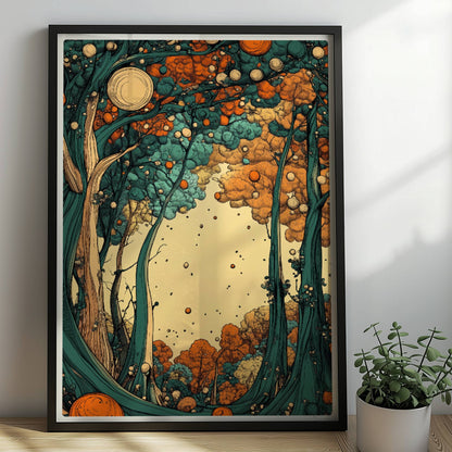 Leuchtender Herbstwald mit orangen und gelben Blättern entlang eines stillen Pfades.. Rahmen schwarz 50x70