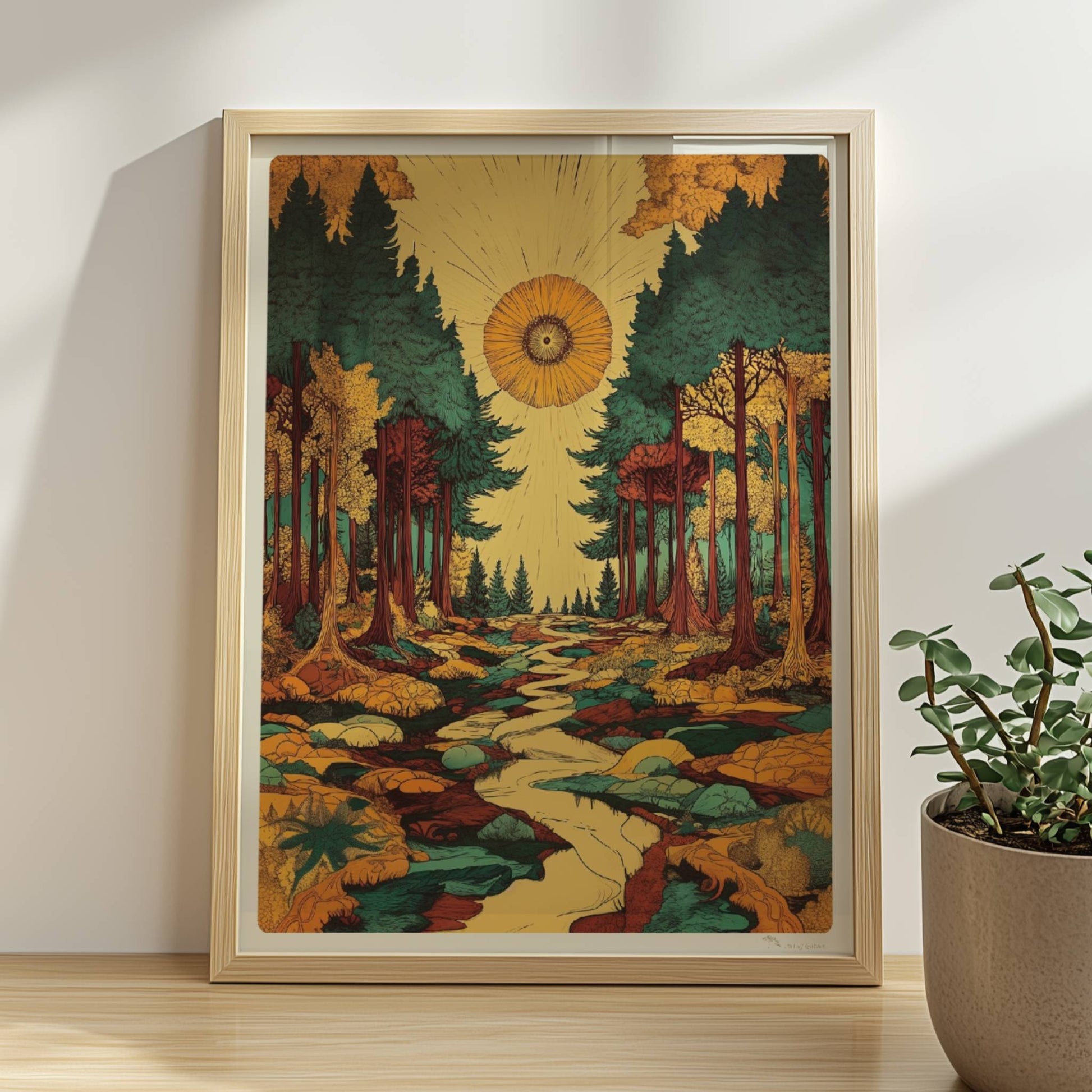 Hochgewachsene Kiefern im Gegenlicht mit goldenen Sonnenstrahlen durch das dichte Laub.. Rahmen natur 30x40
