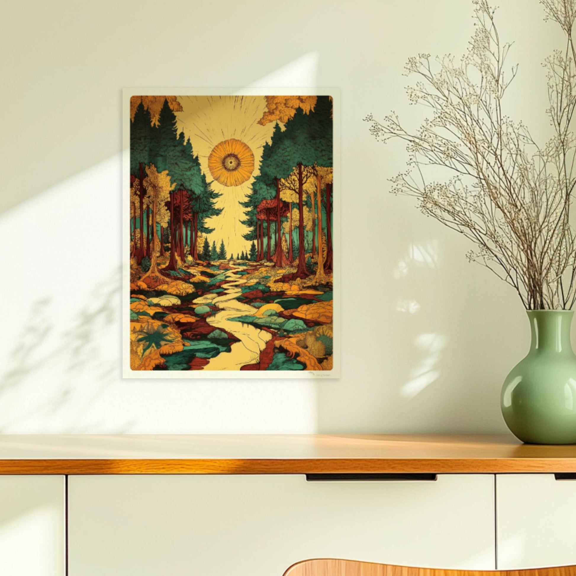 Hochgewachsene Kiefern im Gegenlicht mit goldenen Sonnenstrahlen durch das dichte Laub.. Ohne Rahmen 30x40