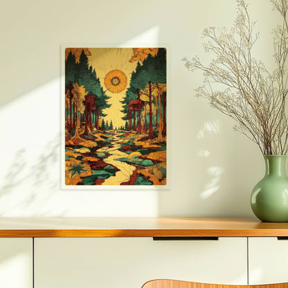 Hochgewachsene Kiefern im Gegenlicht mit goldenen Sonnenstrahlen durch das dichte Laub.. Ohne Rahmen 30x40