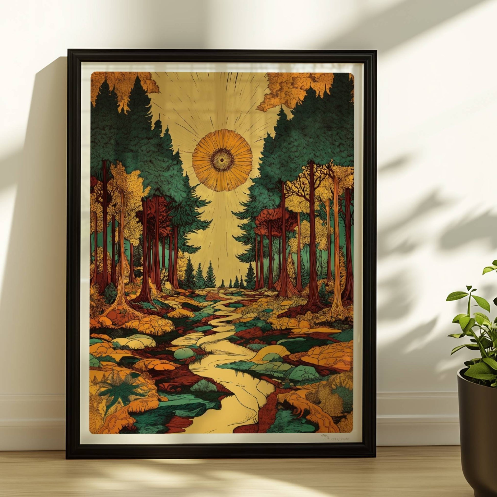 Hochgewachsene Kiefern im Gegenlicht mit goldenen Sonnenstrahlen durch das dichte Laub.. Rahmen schwarz 30x40
