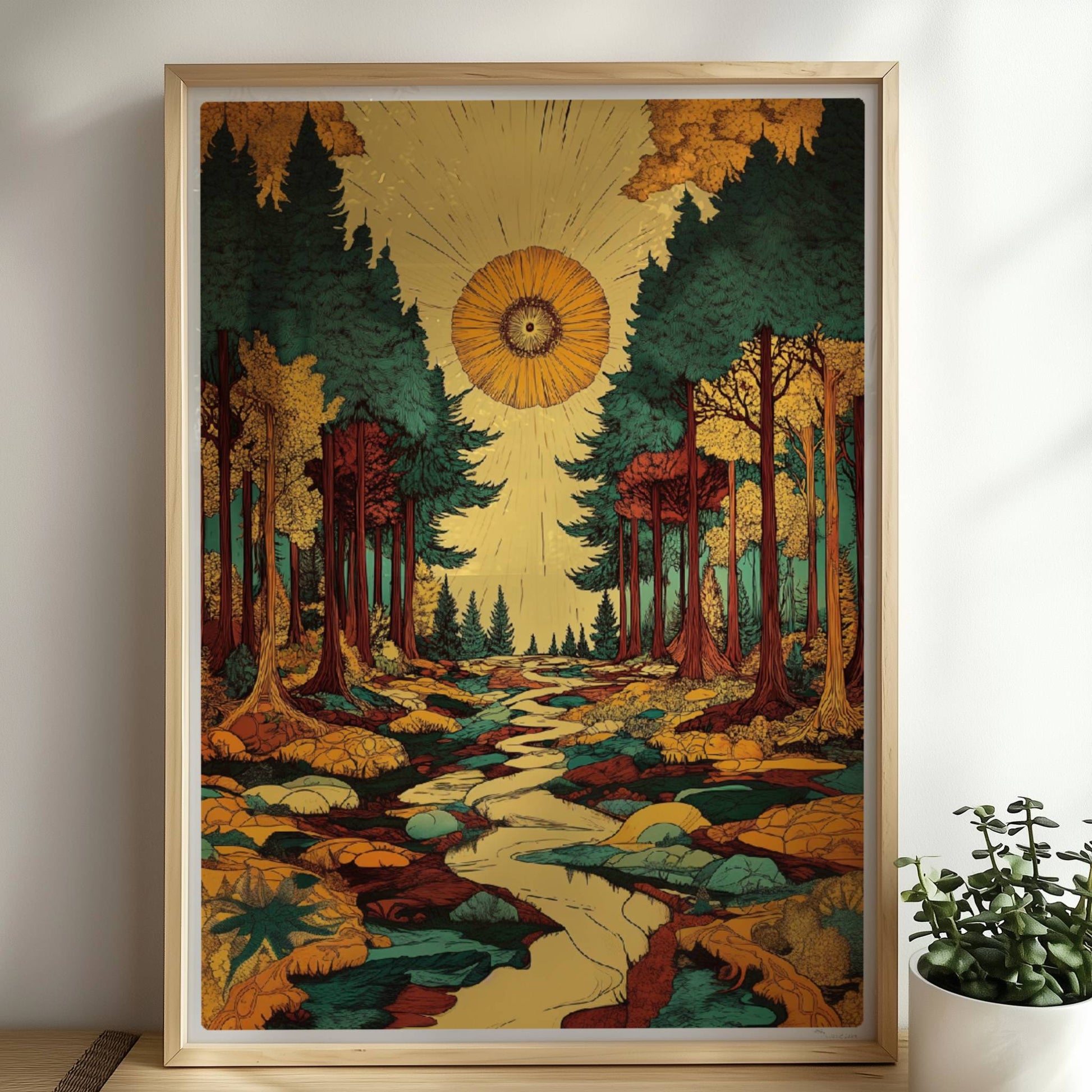 Hochgewachsene Kiefern im Gegenlicht mit goldenen Sonnenstrahlen durch das dichte Laub.. Rahmen natur 50x70