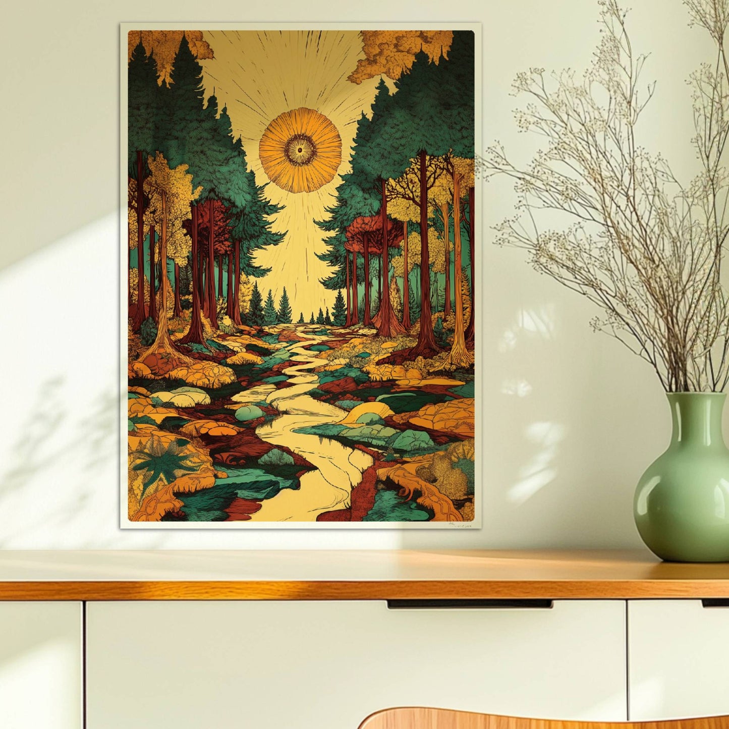 Hochgewachsene Kiefern im Gegenlicht mit goldenen Sonnenstrahlen durch das dichte Laub.. Ohne Rahmen 50x70