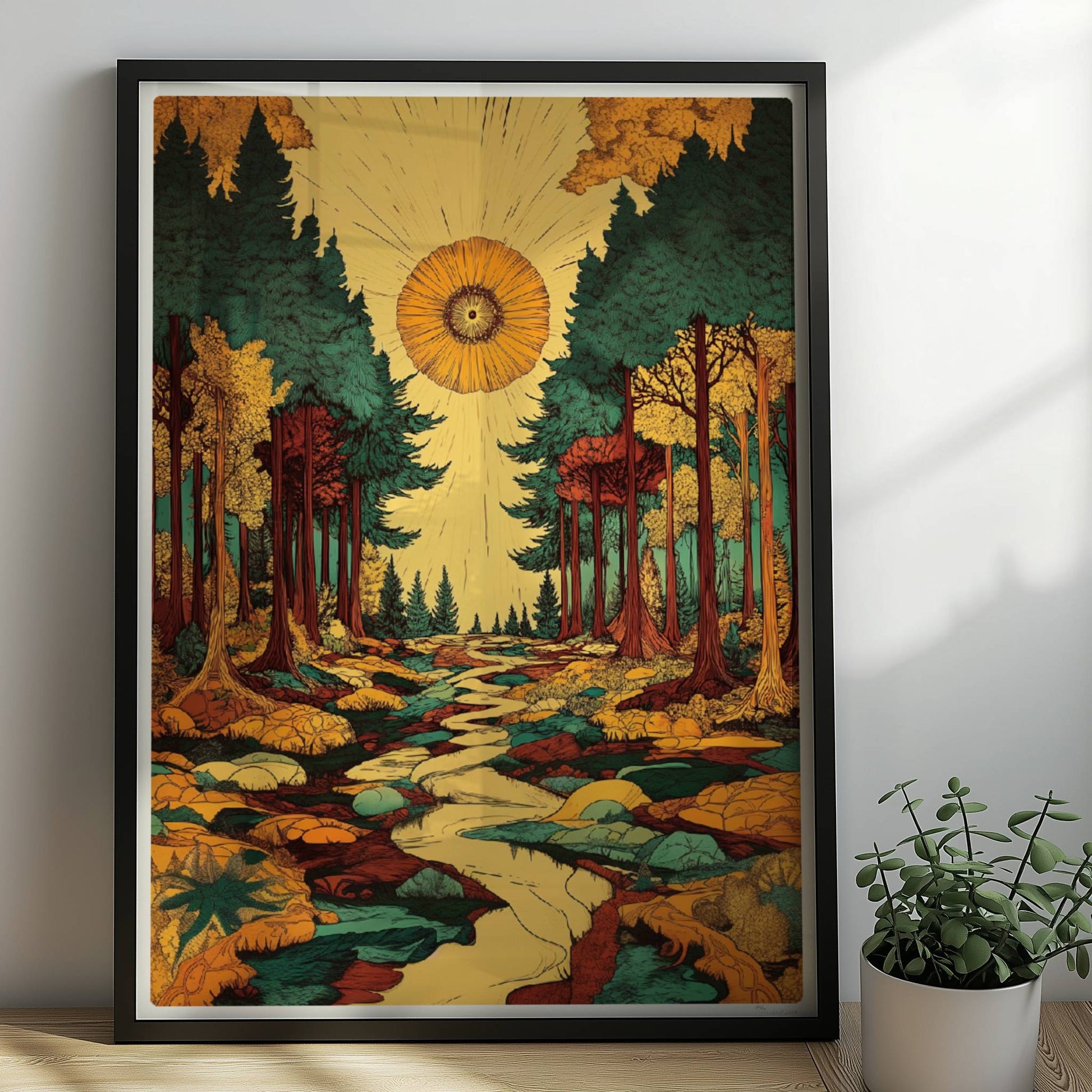 Hochgewachsene Kiefern im Gegenlicht mit goldenen Sonnenstrahlen durch das dichte Laub.. Rahmen schwarz 50x70