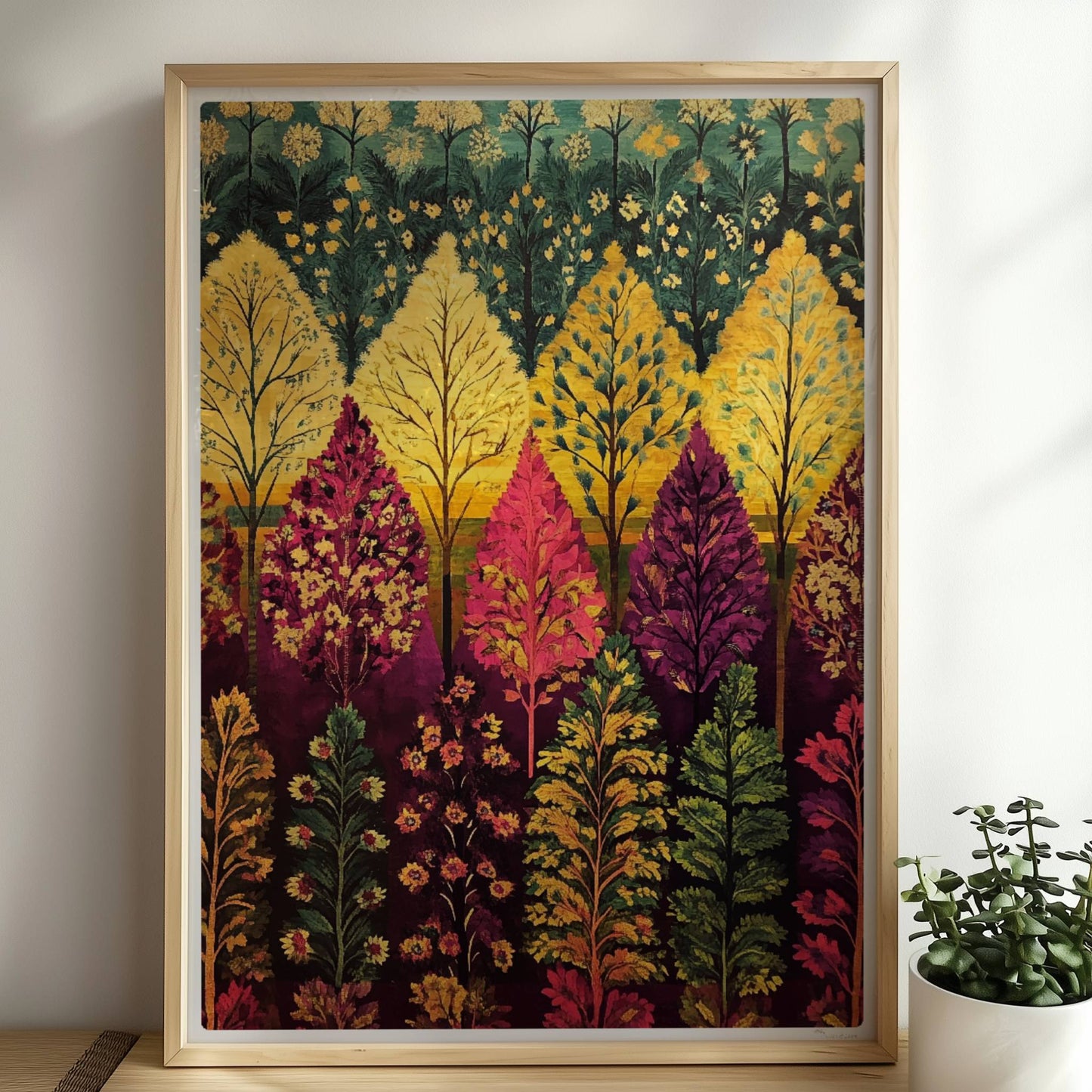 Abenddämmerung im Wald mit violetten Schatten und weichem Licht zwischen den Baumstämmen.. Rahmen natur 50x70