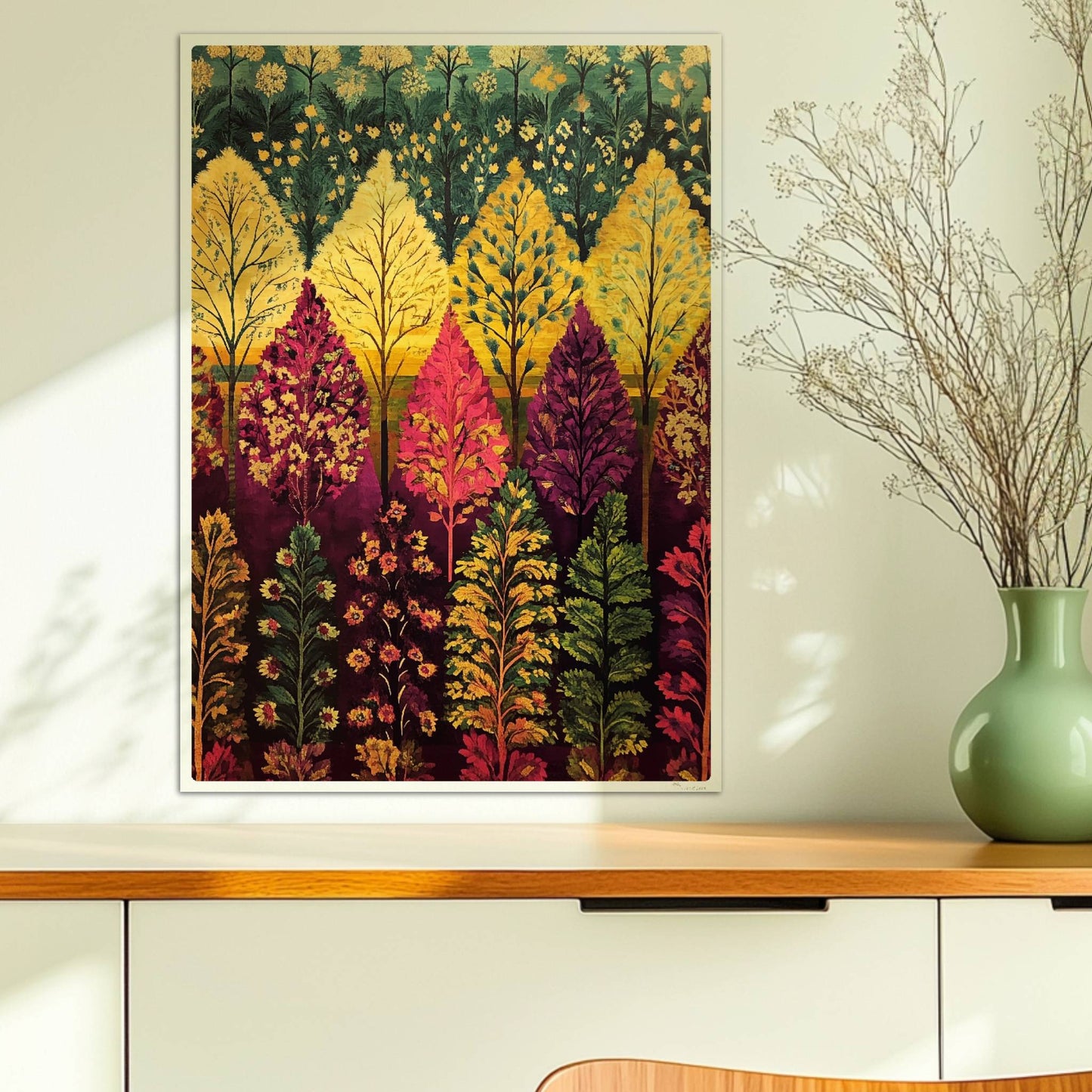 Abenddämmerung im Wald mit violetten Schatten und weichem Licht zwischen den Baumstämmen.. Ohne Rahmen 50x70