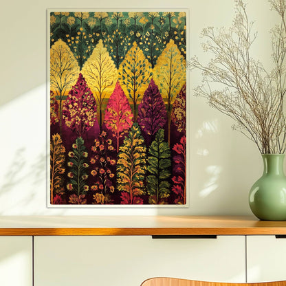 Abenddämmerung im Wald mit violetten Schatten und weichem Licht zwischen den Baumstämmen.. Ohne Rahmen 50x70