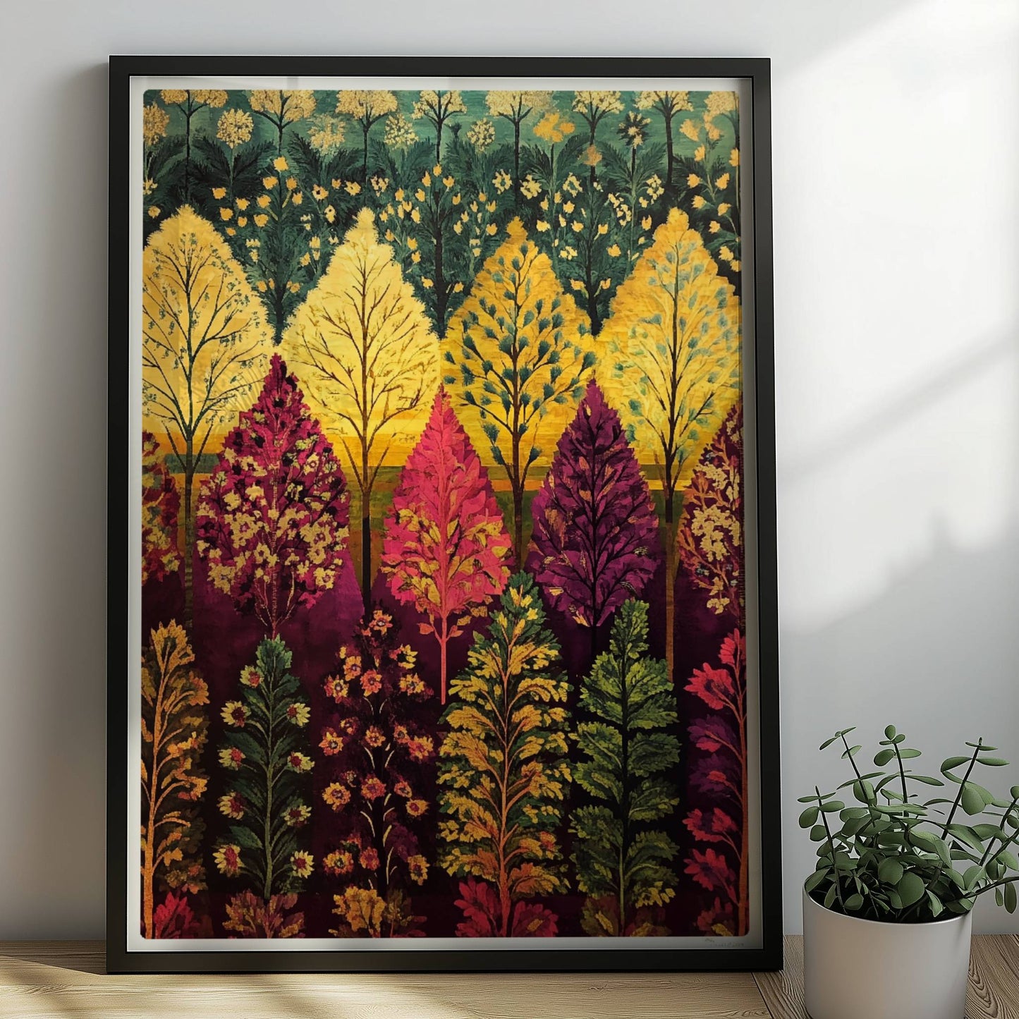 Abenddämmerung im Wald mit violetten Schatten und weichem Licht zwischen den Baumstämmen.. Rahmen schwarz 50x70
