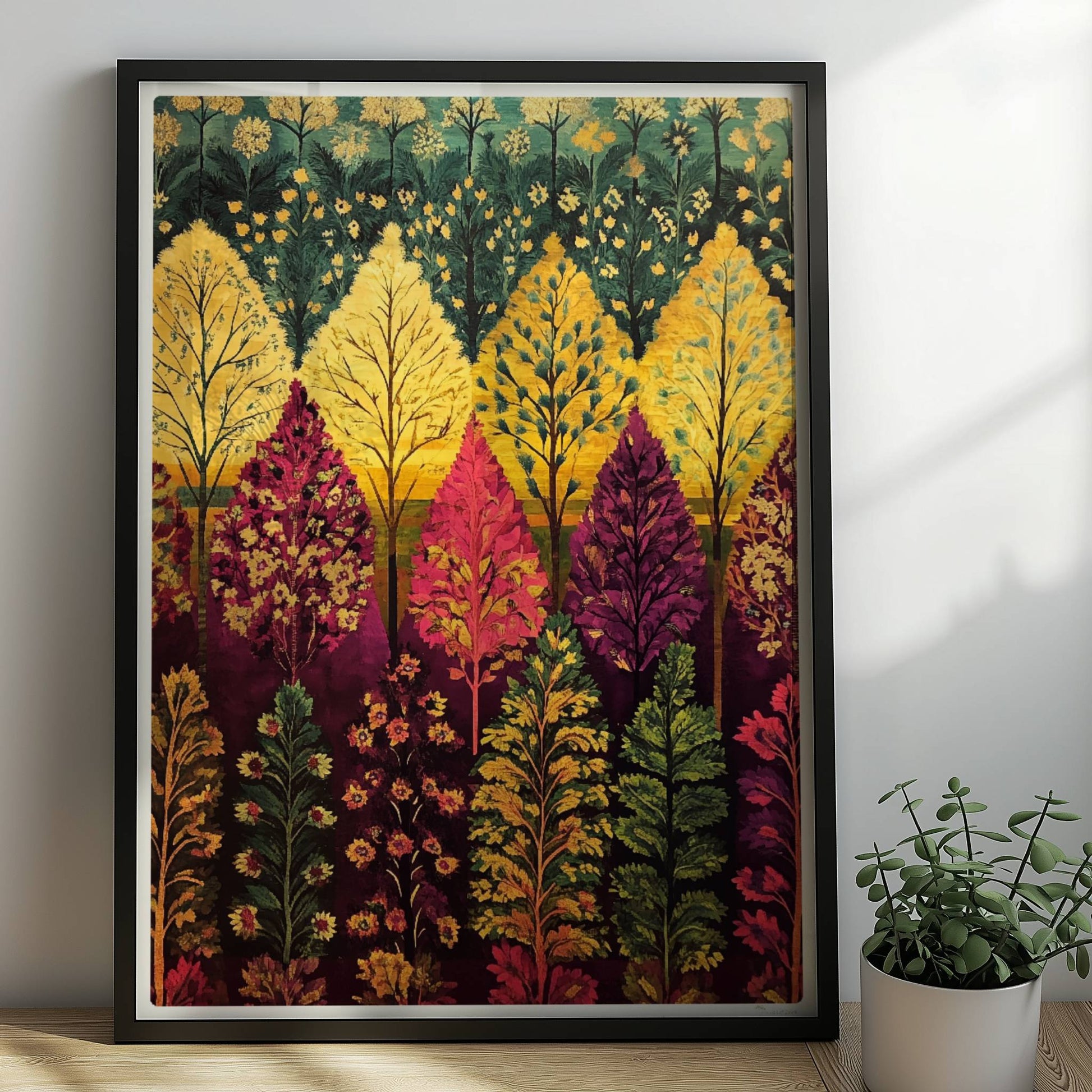 Abenddämmerung im Wald mit violetten Schatten und weichem Licht zwischen den Baumstämmen.. Rahmen schwarz 50x70