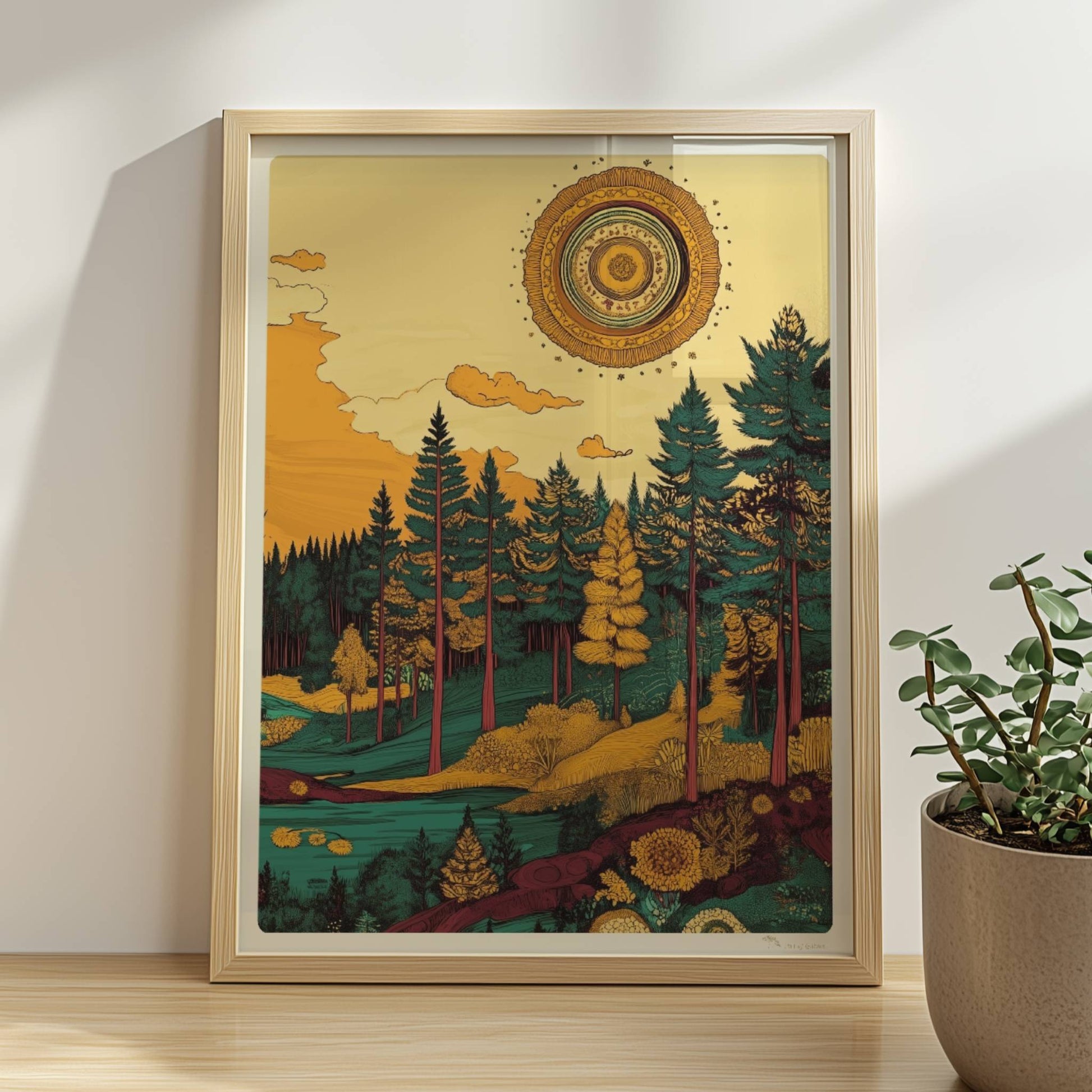 Goldene Sonnenstrahlen brechen durch die Baumkronen eines lichten Mischwaldes am Nachmittag.. Rahmen natur 30x40