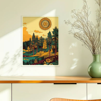 Goldene Sonnenstrahlen brechen durch die Baumkronen eines lichten Mischwaldes am Nachmittag.. Ohne Rahmen 30x40