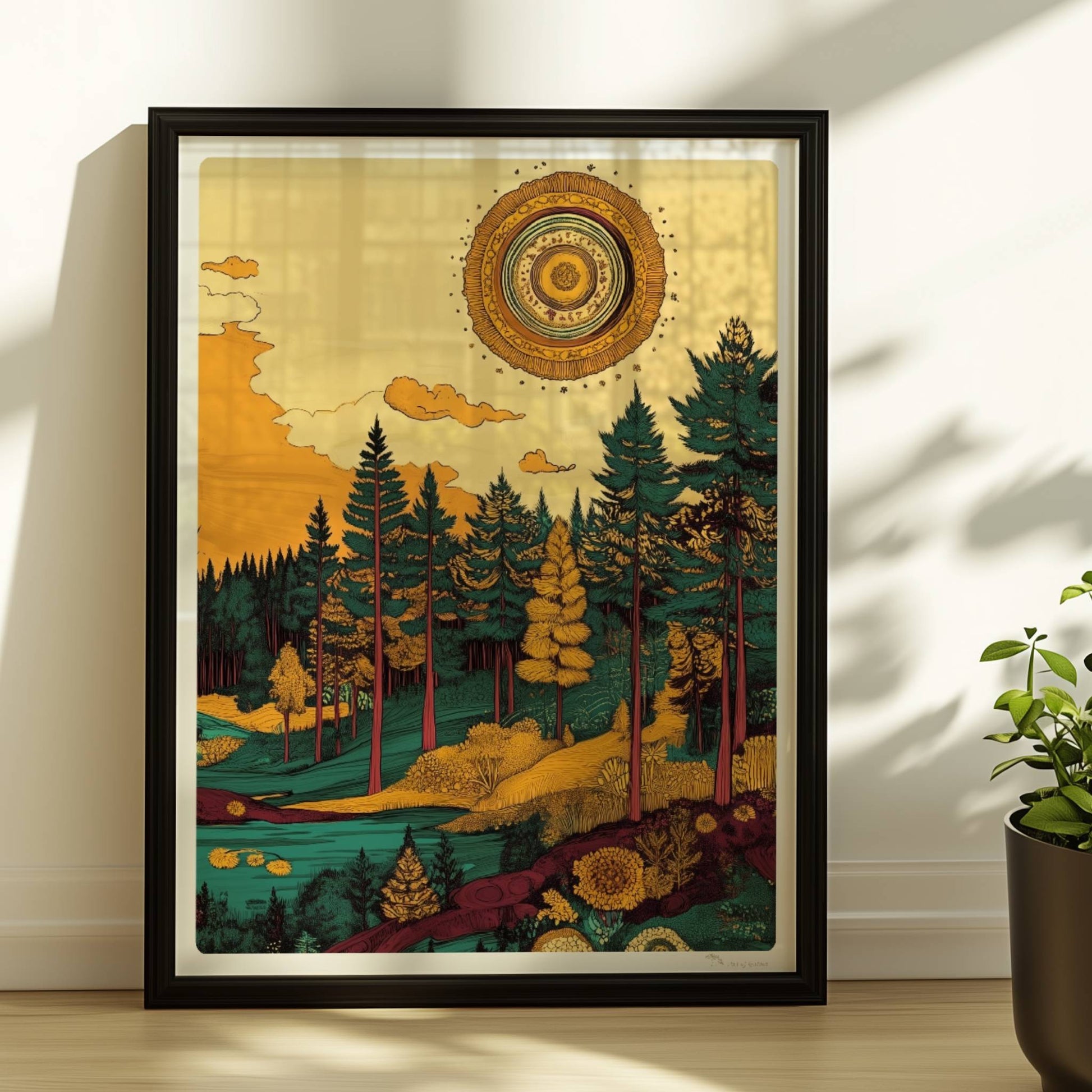 Goldene Sonnenstrahlen brechen durch die Baumkronen eines lichten Mischwaldes am Nachmittag.. Rahmen schwarz 30x40