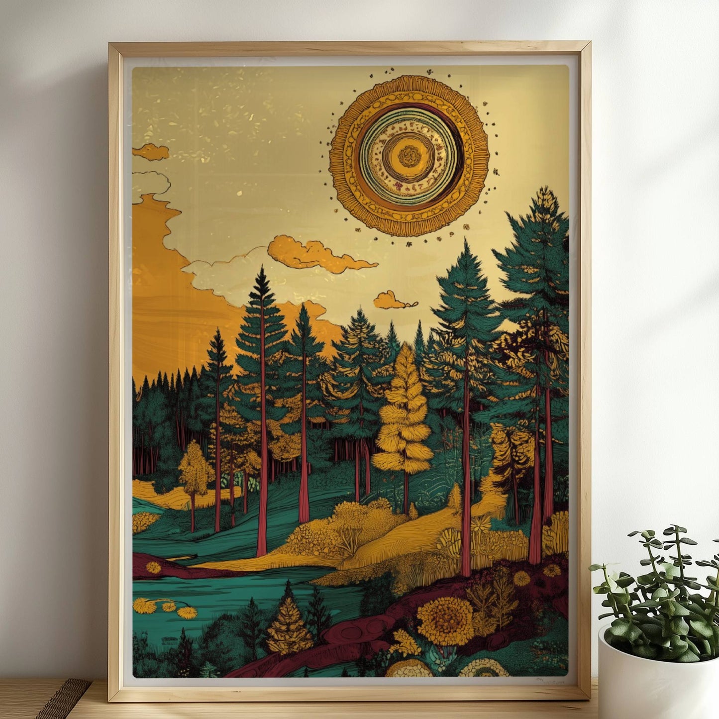 Goldene Sonnenstrahlen brechen durch die Baumkronen eines lichten Mischwaldes am Nachmittag.. Rahmen natur 50x70