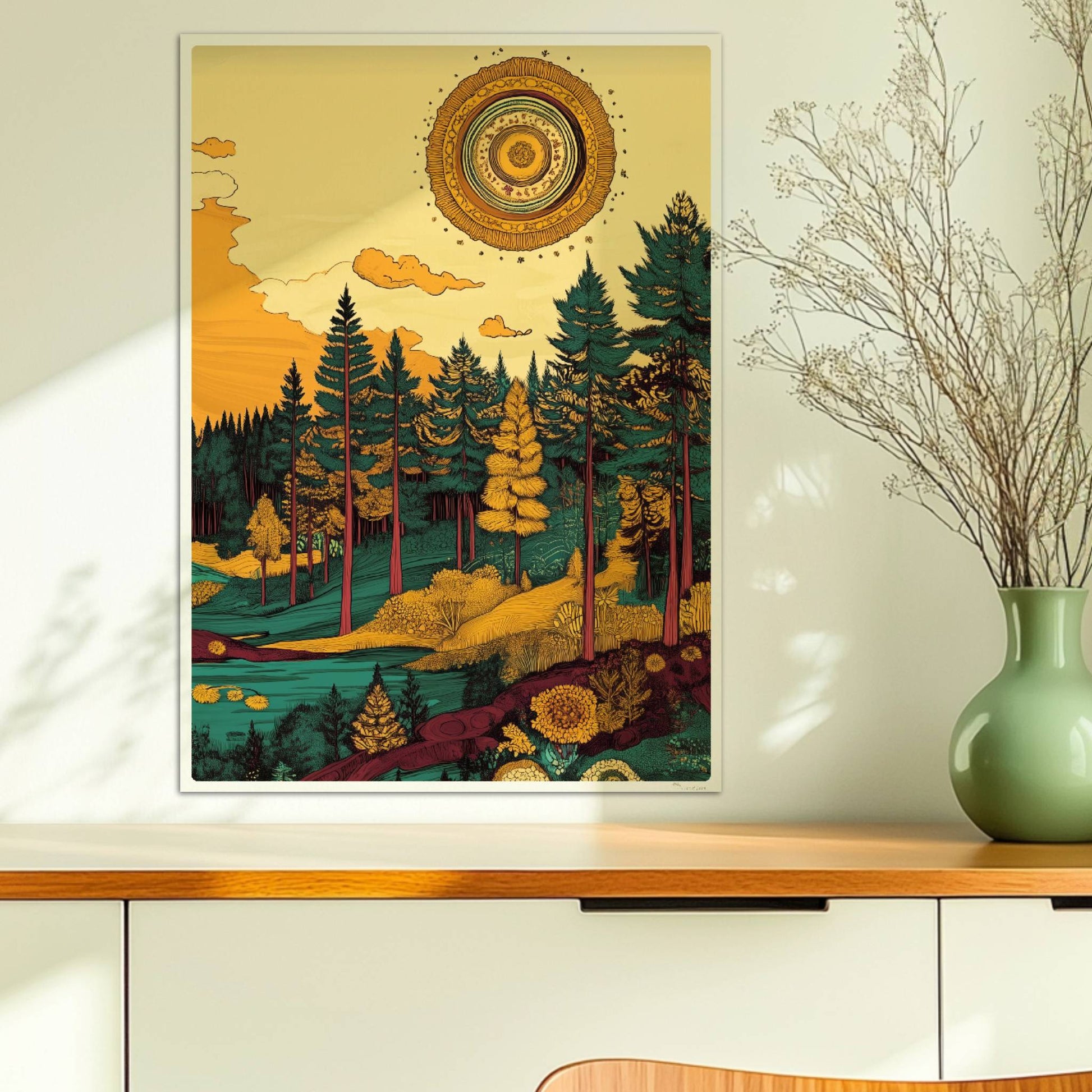 Goldene Sonnenstrahlen brechen durch die Baumkronen eines lichten Mischwaldes am Nachmittag.. Ohne Rahmen 50x70
