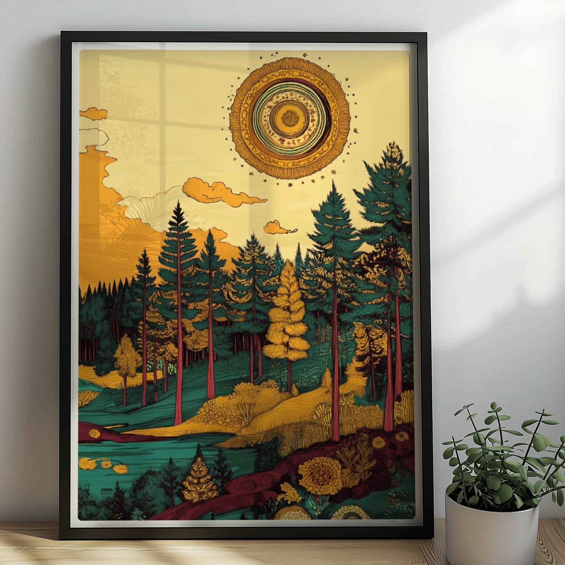 Goldene Sonnenstrahlen brechen durch die Baumkronen eines lichten Mischwaldes am Nachmittag.. Rahmen schwarz 50x70