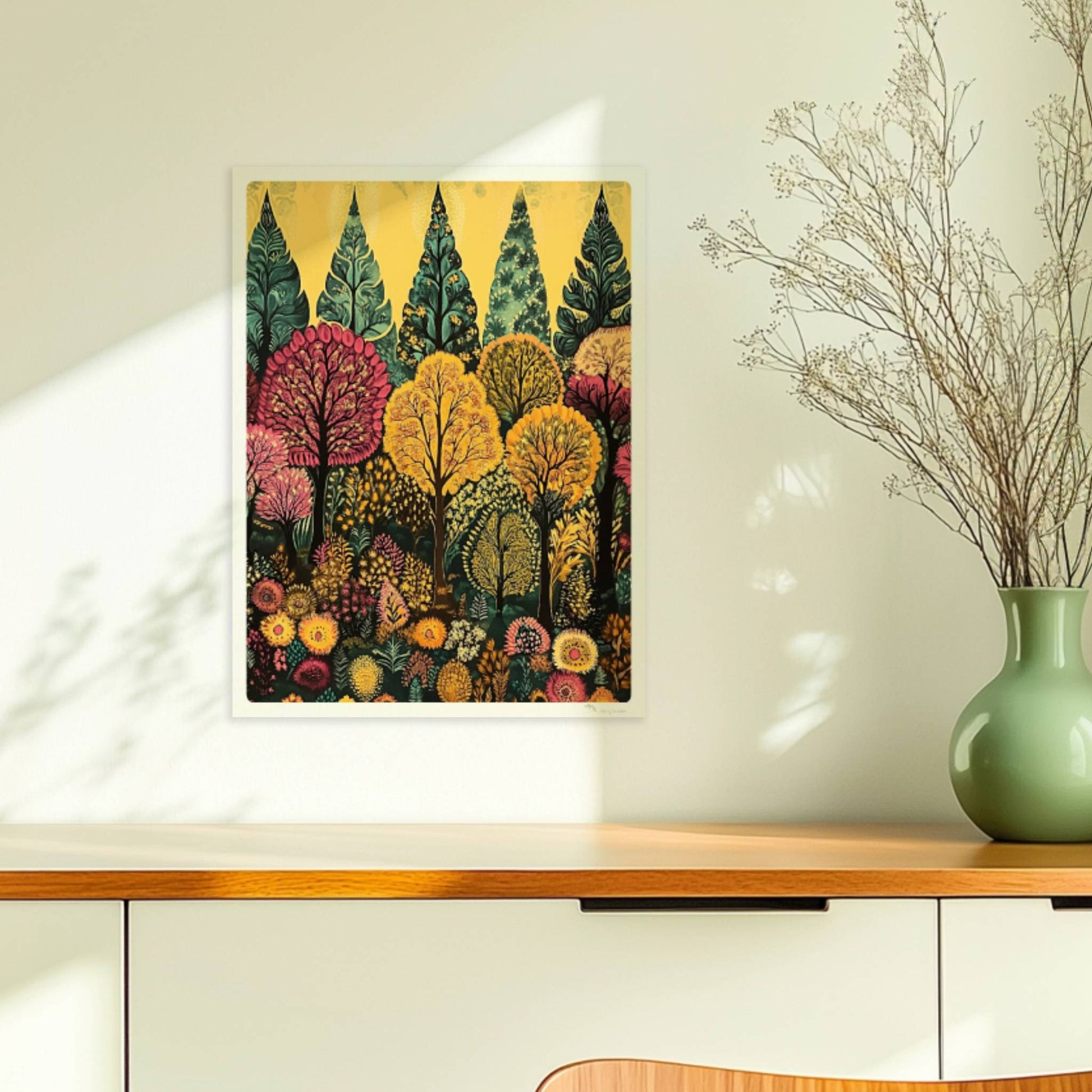 Weitläufige Waldlandschaft mit Hügeln, warmem Abendlicht und friedlicher Stimmung.. Ohne Rahmen 30x40
