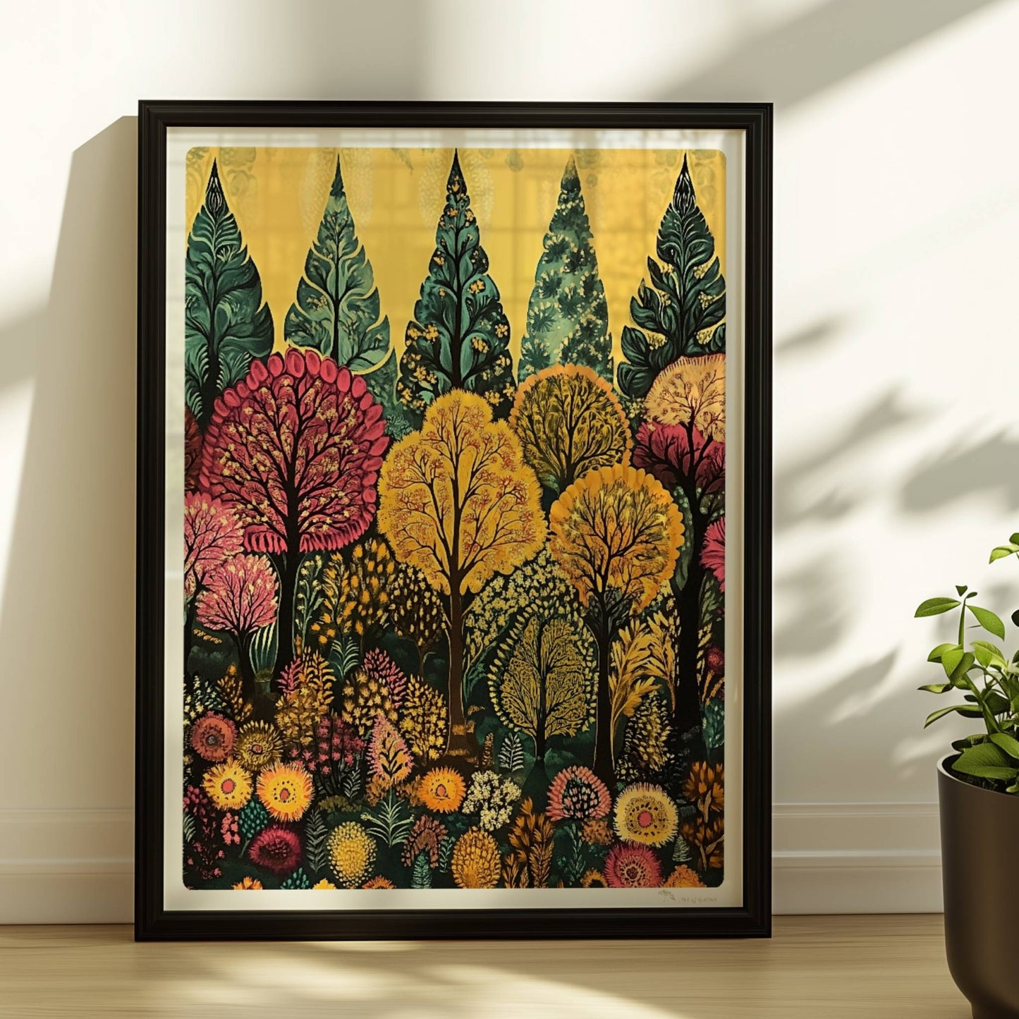 Weitläufige Waldlandschaft mit Hügeln, warmem Abendlicht und friedlicher Stimmung.. Rahmen schwarz 30x40