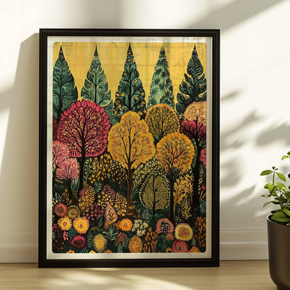 Weitläufige Waldlandschaft mit Hügeln, warmem Abendlicht und friedlicher Stimmung.. Rahmen schwarz 30x40