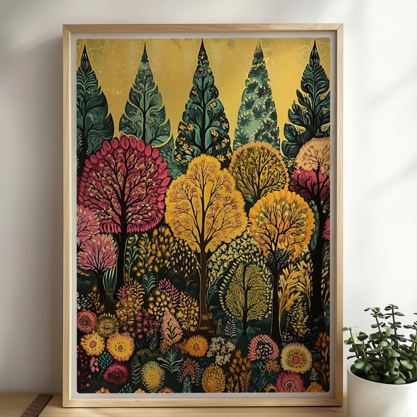 Weitläufige Waldlandschaft mit Hügeln, warmem Abendlicht und friedlicher Stimmung.. Rahmen natur 50x70