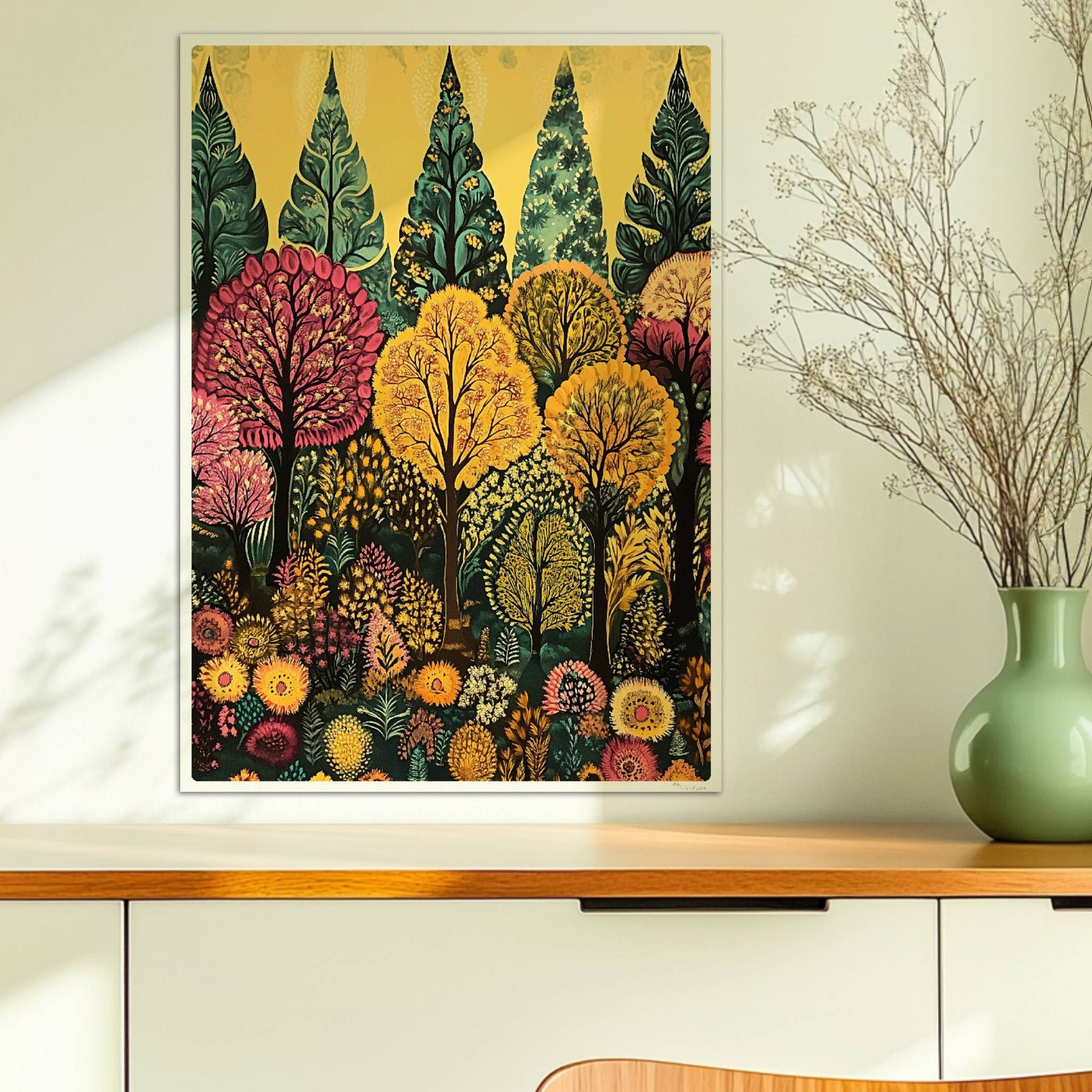 Weitläufige Waldlandschaft mit Hügeln, warmem Abendlicht und friedlicher Stimmung.. Ohne Rahmen 50x70