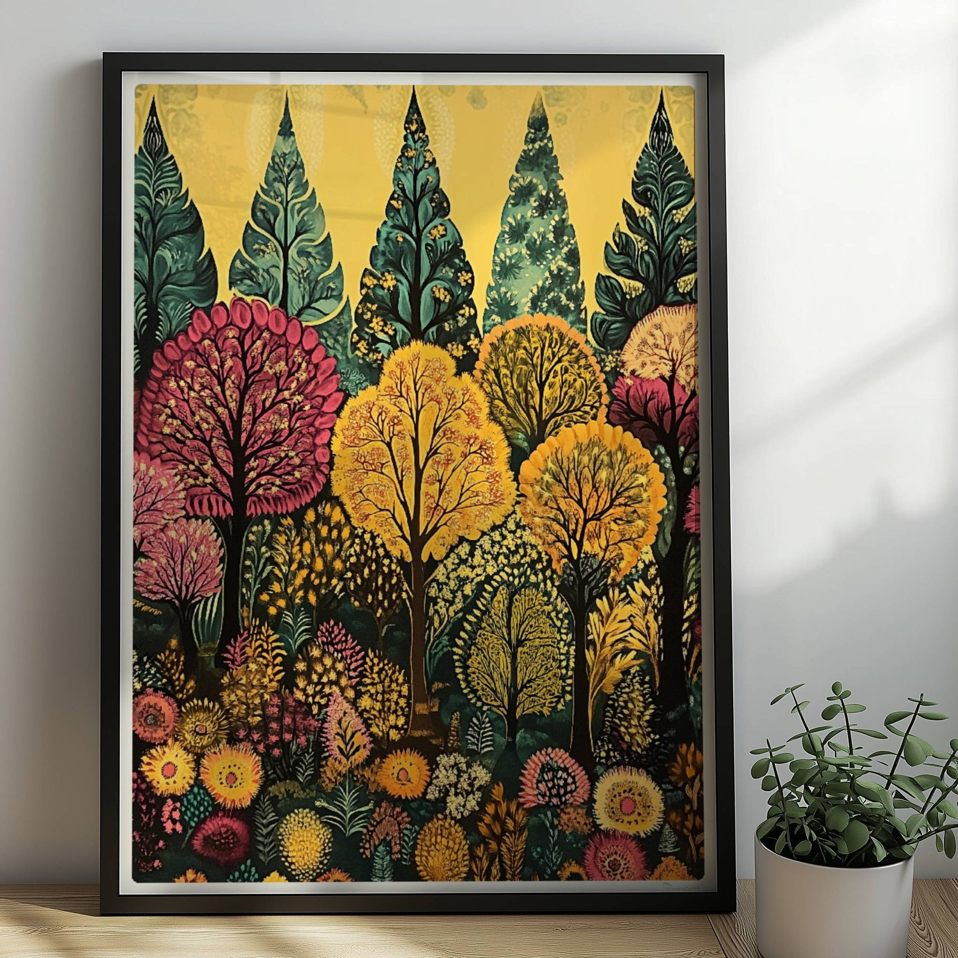 Weitläufige Waldlandschaft mit Hügeln, warmem Abendlicht und friedlicher Stimmung.. Rahmen schwarz 50x70