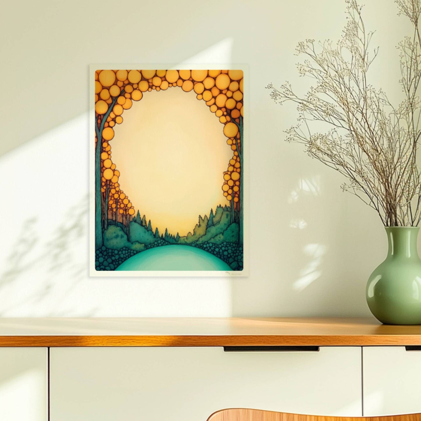 Runde Waldlandschaft in Pastelltönen, kreisförmig wie ein Mandala, mit stilisierten Bäumen und sanftem Farbverlauf.. Ohne Rahmen 30x40