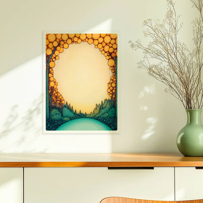 Runde Waldlandschaft in Pastelltönen, kreisförmig wie ein Mandala, mit stilisierten Bäumen und sanftem Farbverlauf.. Ohne Rahmen 30x40