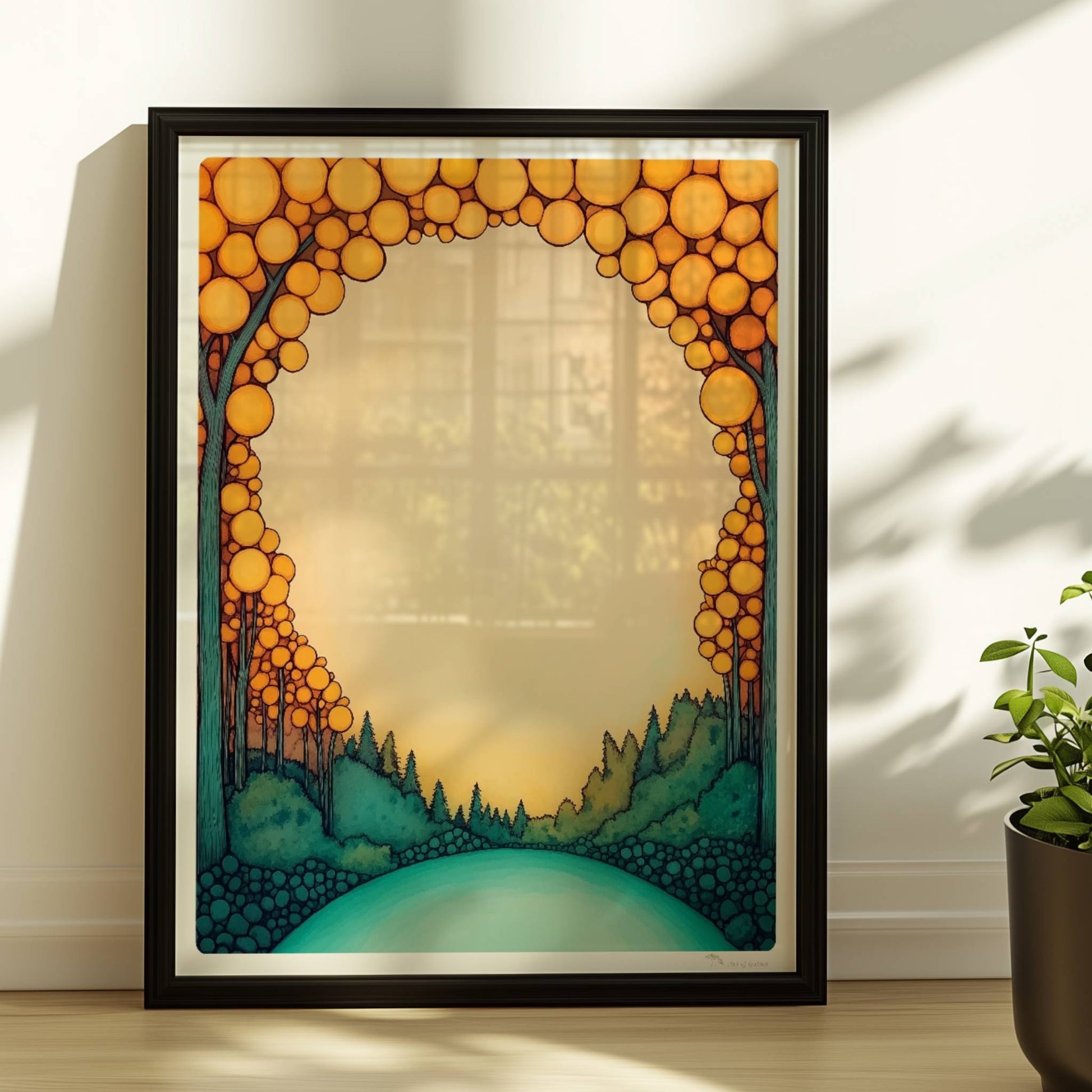 Runde Waldlandschaft in Pastelltönen, kreisförmig wie ein Mandala, mit stilisierten Bäumen und sanftem Farbverlauf.. Rahmen schwarz 30x40