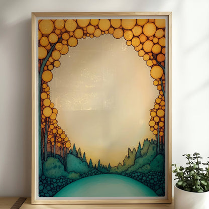 Runde Waldlandschaft in Pastelltönen, kreisförmig wie ein Mandala, mit stilisierten Bäumen und sanftem Farbverlauf.. Rahmen natur 50x70